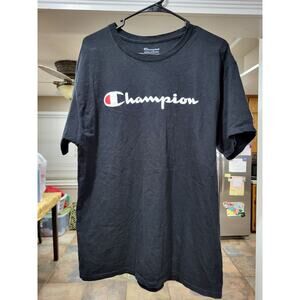 Champion T Shirt Adult Large Embroidered Logo Black Short Sleeve Crew Neck